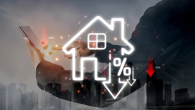 Businessman using smartphone with house icon and downward trend indicating decreasing property value in urban environment and financial analysis concept Sigmoid