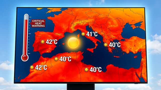 Critical heat warning map of Europe shows extreme high temperatures on screen with sun symbol and thermometer indicating dangerous weather conditions.