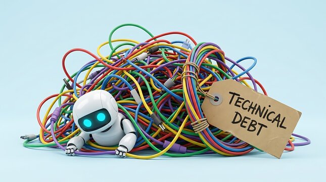 Small robot trapped in tangle of colorful wires with tag saying technical debt symbolizing software engineering complexity and problems to be solved and fixed.