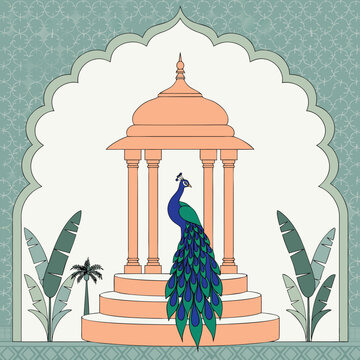 indian, mughal, miniature, rajasthan, painting, vector, illustration, elephant, white elephant, peacock, princess, queen, palace, royalty, royal, traditional, vintage, antique, ethnic, culture, herita