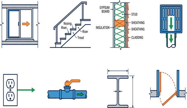 Set of architectural and engineering blueprint icons featuring construction details, structural elements, plumbing, and electrical symbols