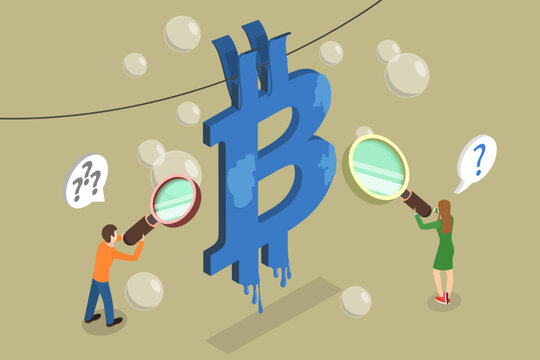 3D Isometric Flat Vector Illustration of Crypto Money Laundering, Criminal Payments With Bitcoin Symbol Drying On Pegboard.