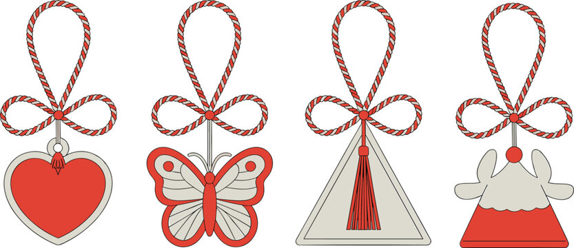 Decorative handmade red and white twisted rope knot ornaments vector set featuring heart butterfly tassel and figure shapes