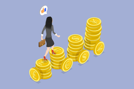 3D Isometric Flat Vector Illustration of Currency Exchange, Woman Walking On Pound, Yen, Euro, And Dollar Currency Symbols