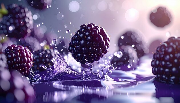 Fresh blackberries floating dynamically with realistic textures and premium commercial presentation