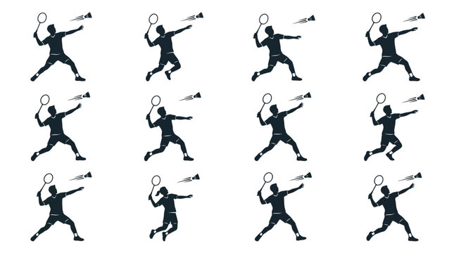 Badminton Player Silhouette Sequence: Serve, Smash, Forehand, Backhand Strokes