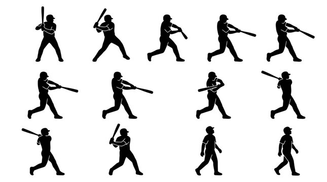 Baseball Player Silhouette Set: Batting Action Poses