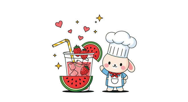 Cute white rabbit chef wearing a hat and apron standing next to a refreshing fruit drink with strawberries and watermelon slices.