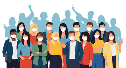 Obraz premium Group of diverse people standing together wearing white protective face masks against a blue silhouette background.