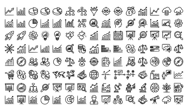 Infographic Line Art Icons Pack Featuring Graph Reports Pie Charts Analytics and Business Strategy Elements