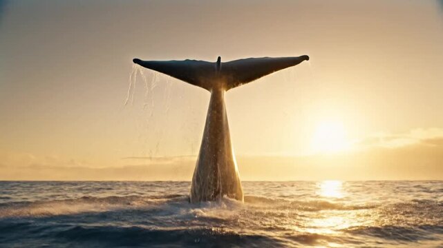 Majestic whale tail fluke emerging from the ocean waves during a vibrant golden sunset at sea