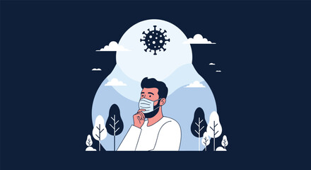 Naklejka premium Man wearing a protective face mask standing outdoors and thinking with a coronavirus icon above his head against a night sky background.