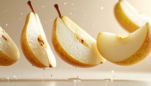 Juicy pear slices floating in elegant motion with natural textures and healthy lifestyle appeal