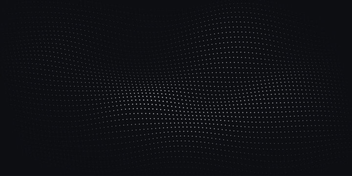 Dark abstract background with wavy halftone pattern, black digital texture with flowing dots, elegant carbon fiber style vector for tech design