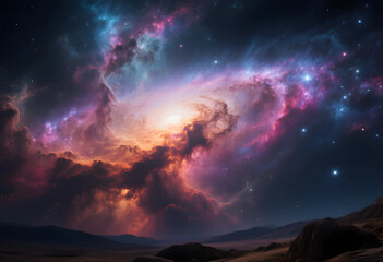 Fototapeta premium Colorful galaxy and nebula over rocky landscape at night