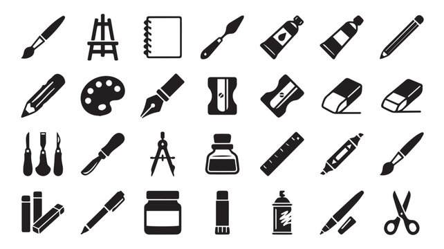 Art supplies and creative tools are arranged in a clean grid pattern to represent professional design equipment.