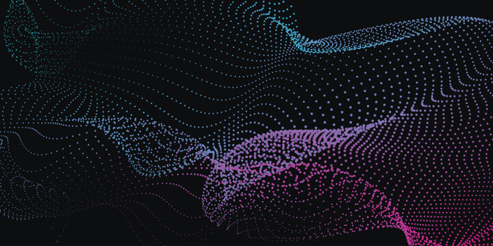 Abstract digital wave background with glowing particles, futuristic blue and purple dotted mesh, high tech data flow vector illustration