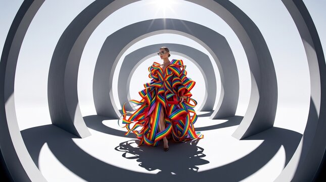 Woman in Vibrant Rainbow Outfit in Spiral Tunnel