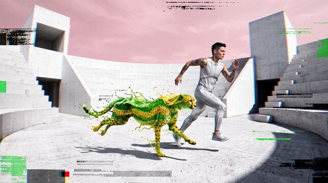 Man Running with Digital Leopard in Urban Setting