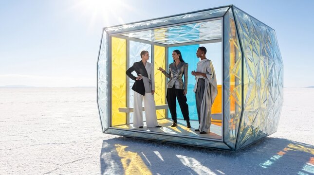 Business professionals having meeting in modern glass office pod