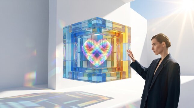 Woman Interacting with Colorful Digital Heart Innovation