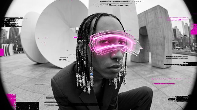 Futuristic Woman Wearing Neon Pink Visor in Urban Setting