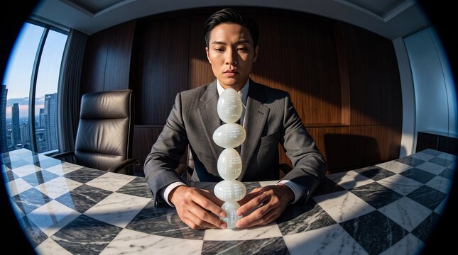 Businessman Balancing Spheres Symbolizing Risk Management