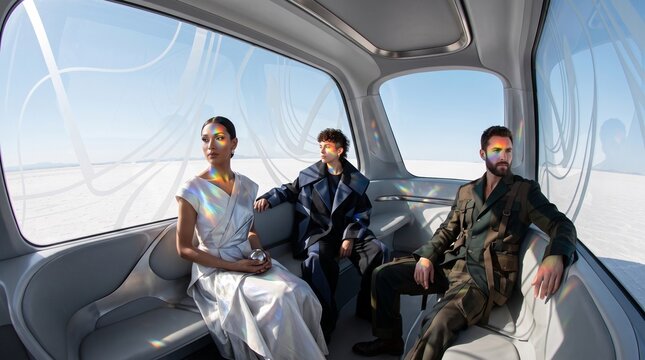 Diverse Team in Futuristic Vehicle Interior