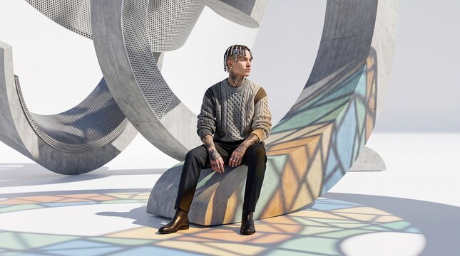 Young Man Sitting in Modern Concrete Sculpture