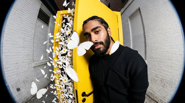 Man Posing with Whimsical Floral Door Installation