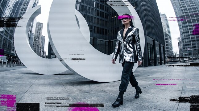 Fashion Woman in Metallic Blazer Urban Downtown
