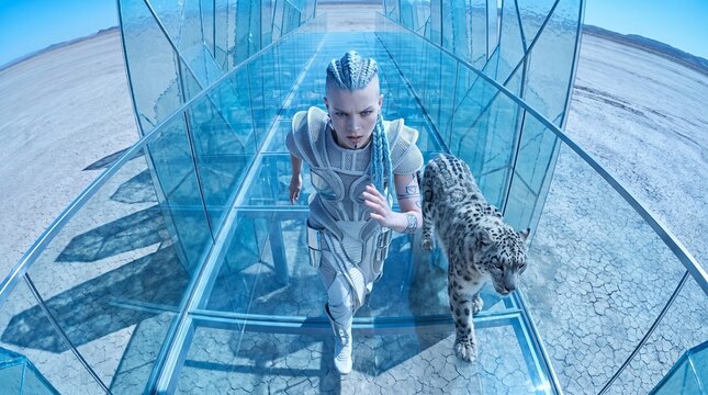 Young Girl Walking with Snow Leopard Through Glass Tunnel