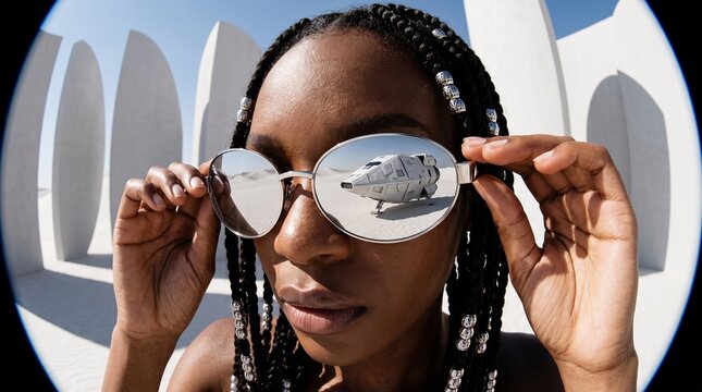 Woman Holding Reflective Sunglasses with Spaceship Reflection