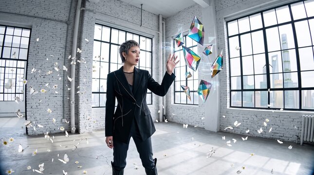 Woman Releasing Butterflies in Creative Studio Space