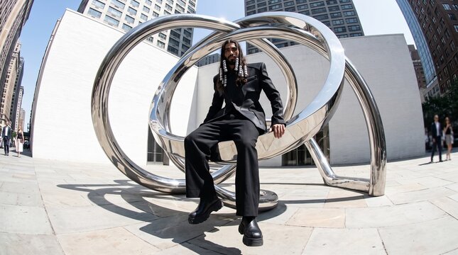 Man in Black Suit Posing with Modern Metal Sculpture