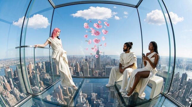 Three People in White Clothing Overlooking NYC Skyline