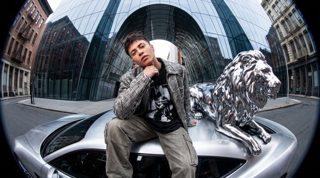 Young Man Posing with Lion Statue in Urban Plaza
