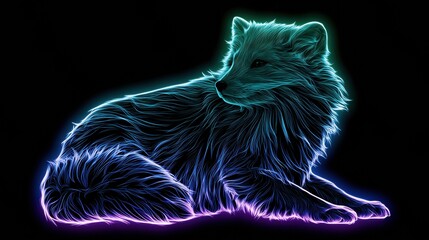 Naklejka premium An arctic fox is outlined in neon fur with blue and green lights. The fox sits in side view on a black background highlighting its features.
