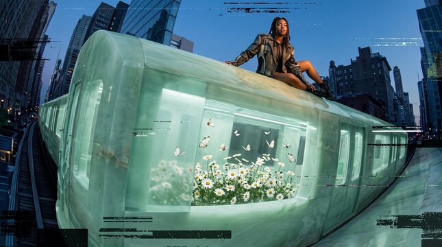 Woman on Futuristic Glass Train with Flowers