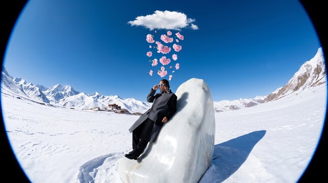 Businessman Sliding Down Ice Watching Pink Flowers Fall