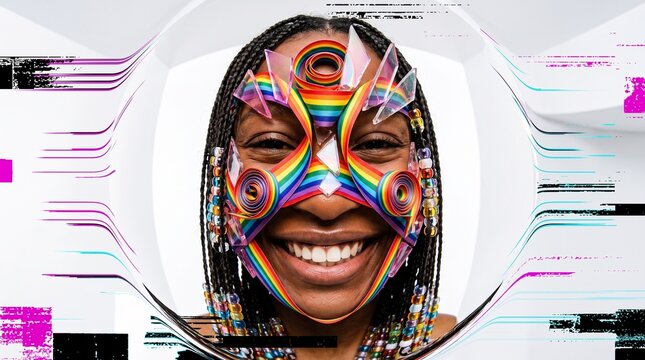 Joyful Woman Wearing Rainbow Pride Face Paint and Accessories