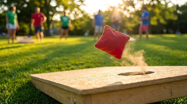 Cornhole bean bag toss game in sunny park outdoor recreation activity during summer vacation with friends playing fun backyard sport event with laughter and joy.