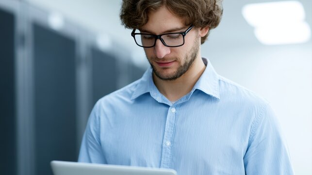 Digital infrastructure specialist reviewing secure cloud environments and data synchronization workflows
