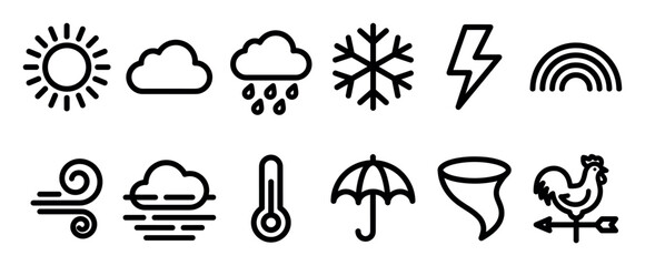 Naklejka premium Set of black weather forecast icons featuring simple line art symbols for sun, cloud, rain, snow, lightning, wind, and storm in a clean minimalist pictogram collection
