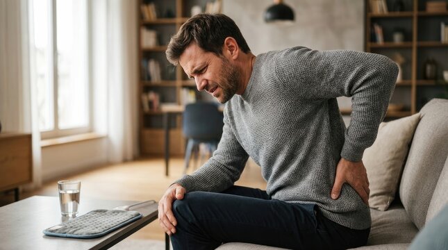 Distressed man endure: kidney stone, acute pain, body discomfort, crystal formation, renal problem, internal affliction, suffer symptom, urologic ailment, excretion difficulty.