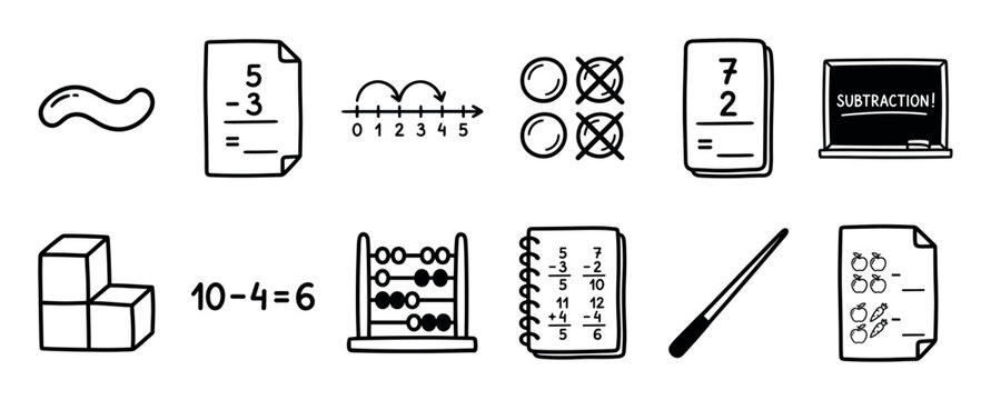 Hand-drawn black and white mathematics icons set for elementary school education showing subtraction problems, an abacus, number line, and chalkboard in a simple doodle style