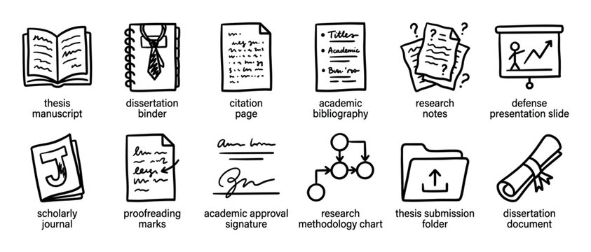 Hand-drawn academic research and dissertation icon set showing various stages of scholarly work, including manuscript, citation, defense presentation, and submission in a doodle sketch style