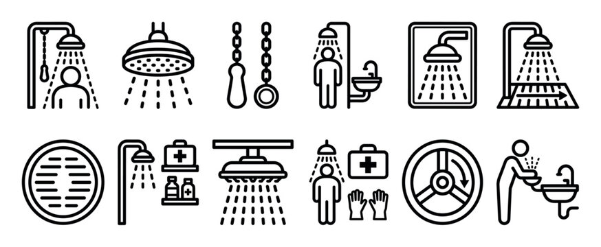 Emergency shower and eyewash station line icons for industrial safety, a collection of minimalist black pictograms illustrating decontamination, first aid, and drench procedures