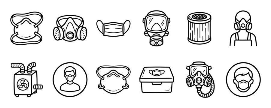 Collection of hand-drawn respirator and mask icons showing various types of personal protective equipment like gas masks, filters, and surgical face coverings in a simple line art style
