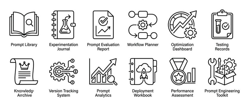 Prompt engineering line icon set with symbols for library, workflow, analytics, and deployment for artificial intelligence development, a minimalist collection of vector pictograms